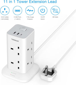 Tessan Tower Extension Lead with 1 USB C Slot & 2 USB A Slots 8 Way Multi Plug Extension Sockets 2M Cord, Surge Protected Extension Lead with Switch, Multi Extension Plug Tower Power Strip for Home, School Supplies