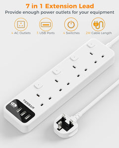 Tessan Extension Lead with 3 USB Slots, 4 Way Multi Plug Extender with Individual Switches, Wall Mount Socket Extension Cable 2M, 3250W Multiplug Power Strip for Home, Office, School Supplies